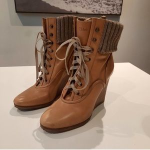 Chloe Leather Wedge Boot Socks Fold over Knit Lace Up Booties